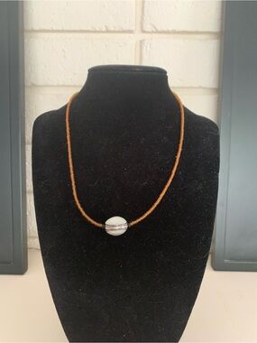 Minimalist Brown Beaded Cord Necklace with White and Silver Bead